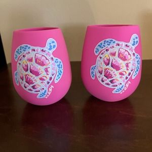 New GWP Lilly Pulitzer Pink Silicone Stemless Wine Glass Sea Turtle Pool Beach